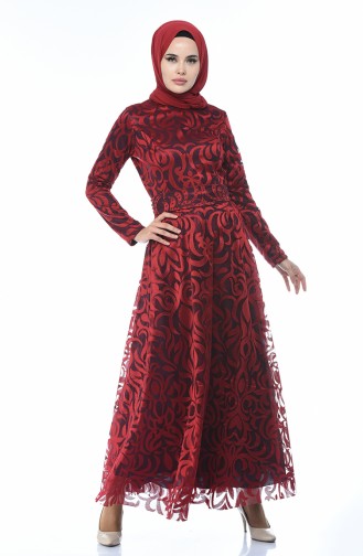 Claret Red Hijab Evening Dress 5038-02