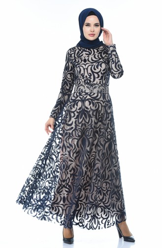 Navy Blue Hijab Evening Dress 5038-03