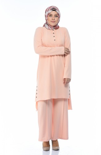 Plus Size Button Detailed Tunic Trousers Double Suit 0888-05 Salmon 0888-05