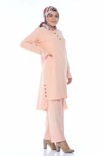 Plus Size Button Detailed Tunic Trousers Double Suit 0888-05 Salmon 0888-05