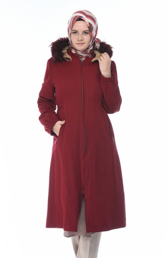 Hooded Furry Coat 4036-06 Burgundy 4036-06