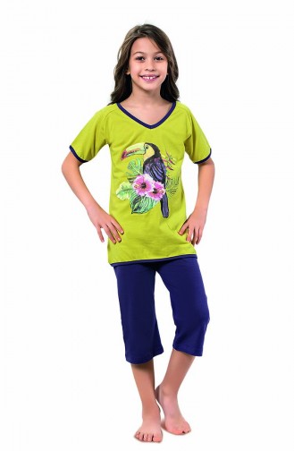 Kız Çocuk Kapri Pijama Takımı 4318 Fıstık Yeşili Lacivert