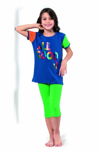 Kız Çocuk Kapri Pijama Takımı 4340 Saks Yeşil