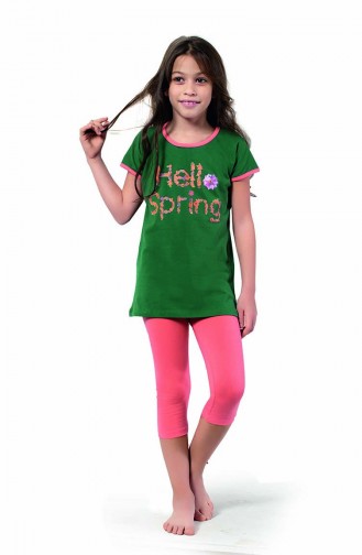 Kız Çocuk Kapri Pijama Takımı 4350 Kına Yeşili Somon