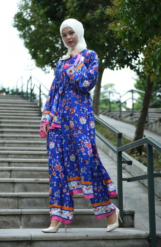 Flower Patterned Kimono Dark Blue 8010-01