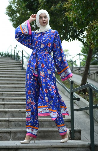 Flower Patterned Kimono Dark Blue 8010-01