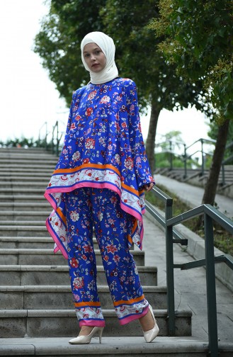 Flower Patterned Trousers Dark Blue 8009-01