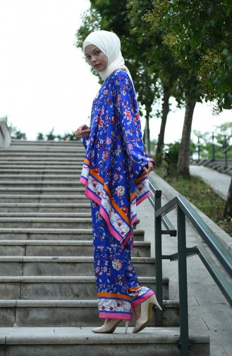 Flower Patterned Trousers Dark Blue 8009-01