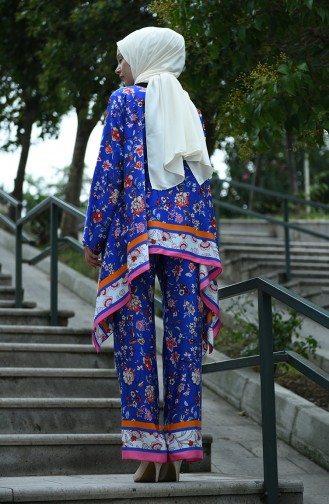 Flower Patterned Trousers Dark Blue 8009-01