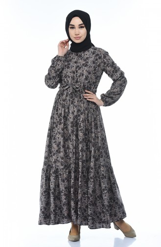 Floral Pattern Pleated Dress Brown Mink 0010-05