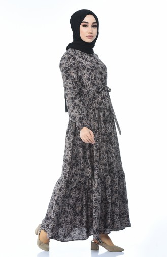 Floral Pattern Pleated Dress Brown Mink 0010-05