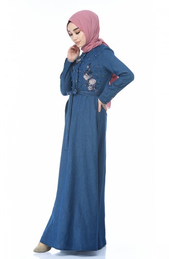 Taşlı Kot Elbise 93161-01 Lacivert