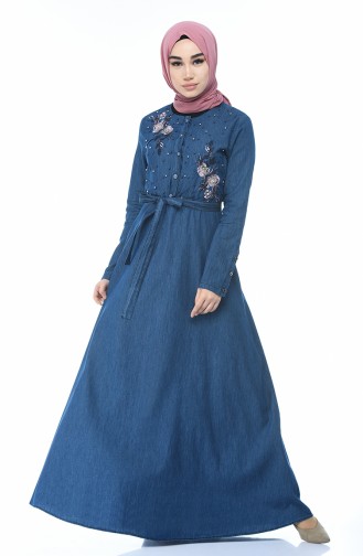Taşlı Kot Elbise 93161-01 Lacivert