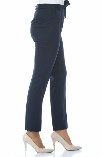 Belted Straight Leg Trousers 5180-03 Navy Blue 5180-03