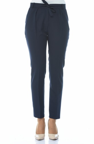 Belted Straight Leg Trousers 5180-03 Navy Blue 5180-03