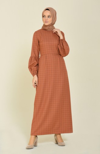 Sleeved Pleated Dress Brown Tobacco 2089-01