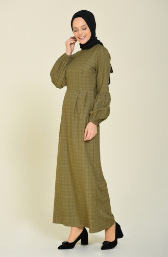 Sleeved Pleated Dress Khaki 2089-03
