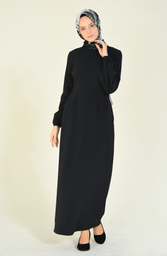 فستان بأكمام مطوية أسود 2089A-01
