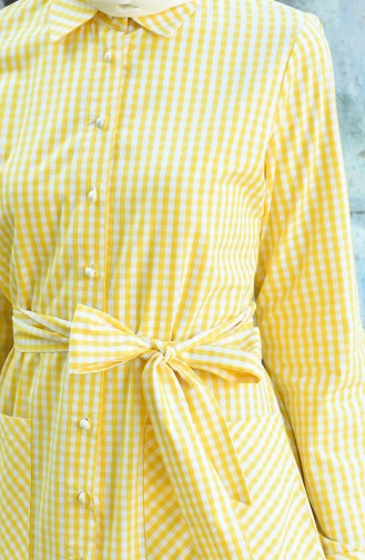 Kareli Kuşaklı Elbise 8022-02 Sarı