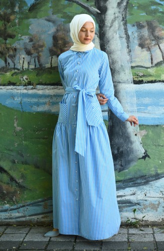 Plaid Belted Dress Blue 8022-04