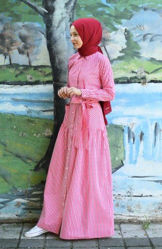 Plaid Belted Dress Fuchsia 8022-06