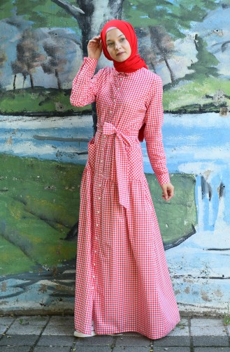 Plaid Belted Dress Red 8022-07