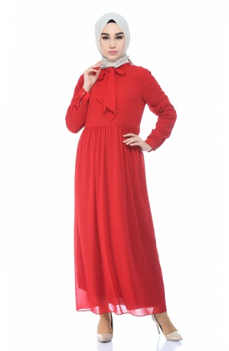 Tie Collar Pleated Dress Red 1220-01