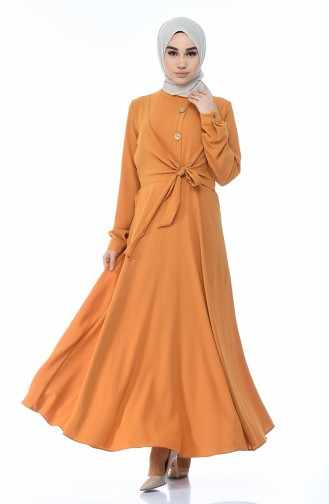 فستان بربطة على الجنب خردلي 1237-03