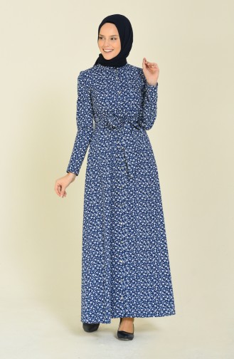 Cotton Patterned Dress 60049-01 Navy Blue 60049-01