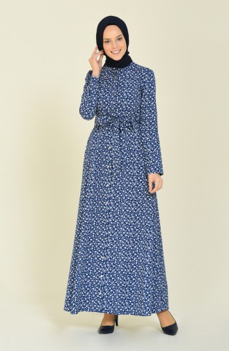 Cotton Patterned Dress 60049-01 Navy Blue 60049-01