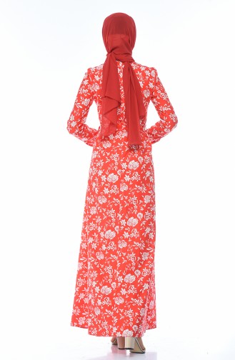 Kuşaklı Desenli Elbise 60047-01 Kırmızı