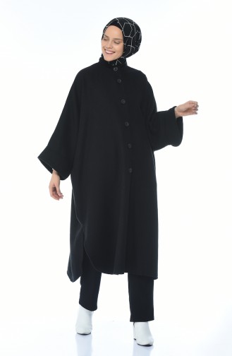 Buttoned Long Poncho Black 8001-03