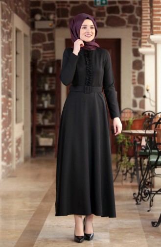 Fırfırlı Kemerli Elbise 3207-02 Siyah