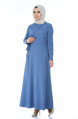 فستان مطرز بالخرز أزرق داكن 2088-01