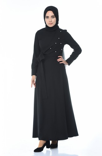 Boncuk İşlemeli Bağcıklı Elbise 2088-02 Siyah