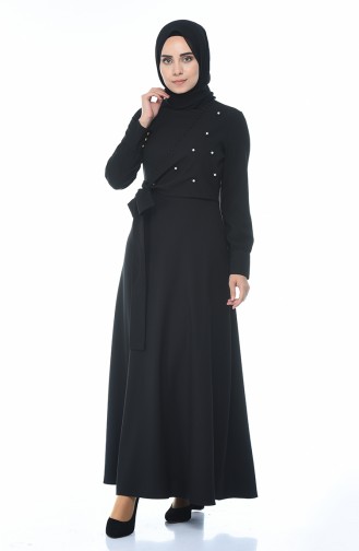 Boncuk İşlemeli Bağcıklı Elbise 2088-02 Siyah