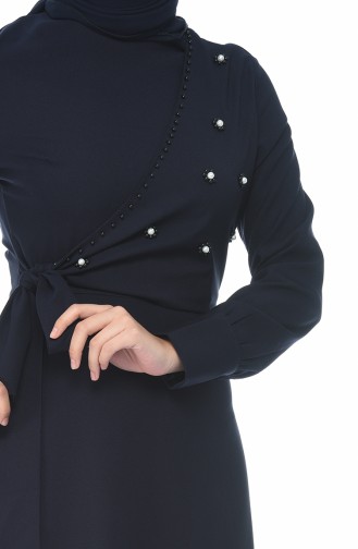 Boncuk İşlemeli Bağcıklı Elbise 2088-03 Lacivert