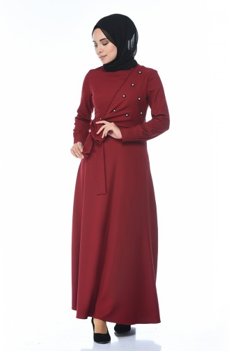 فستان مطرز بالخرز أحمر كلاريت 2088-04