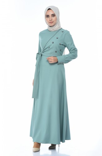 Boncuk İşlemeli Bağcıklı Elbise 2088-06 Çağla Yeşili
