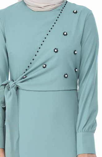 Boncuk İşlemeli Bağcıklı Elbise 2088-06 Çağla Yeşili