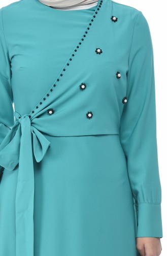 Boncuk İşlemeli Bağcıklı Elbise 2088A-01 Yeşil