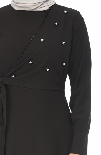Boncuk İşlemeli Bağcıklı Elbise 2088A-02 Kahverengi