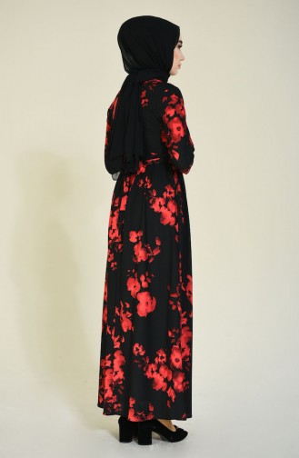 Desenli Kuşaklı Elbise 5113-01 Siyah Kırmızı