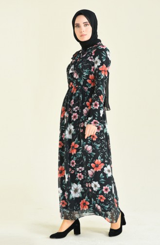 Flower Patterned Chiffon Dress Black 1211-03