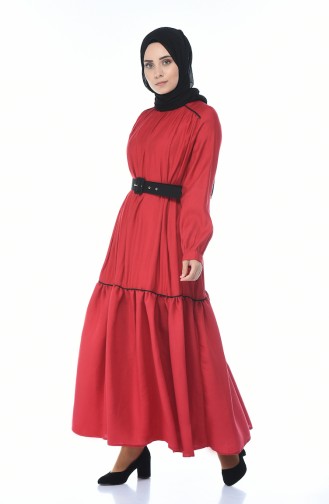 Belted Dress Shirred Claret Red 1366-01