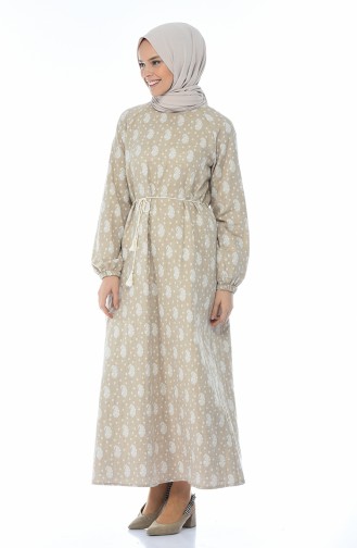 Patterned Cotton Dress Beige 2117-04