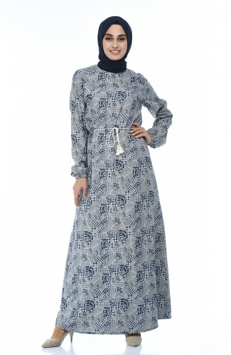 Patterned Cotton Dress Navy Blue 2125-01