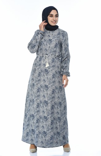 Patterned Cotton Dress Navy Blue 2125-01