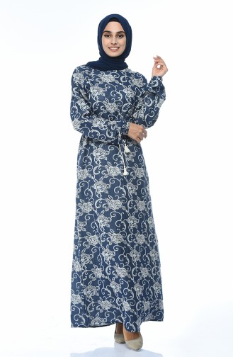 Patterned Cotton Dress Navy Blue 2126-01