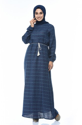 Patterned Cotton Dress Navy Blue 2145-01